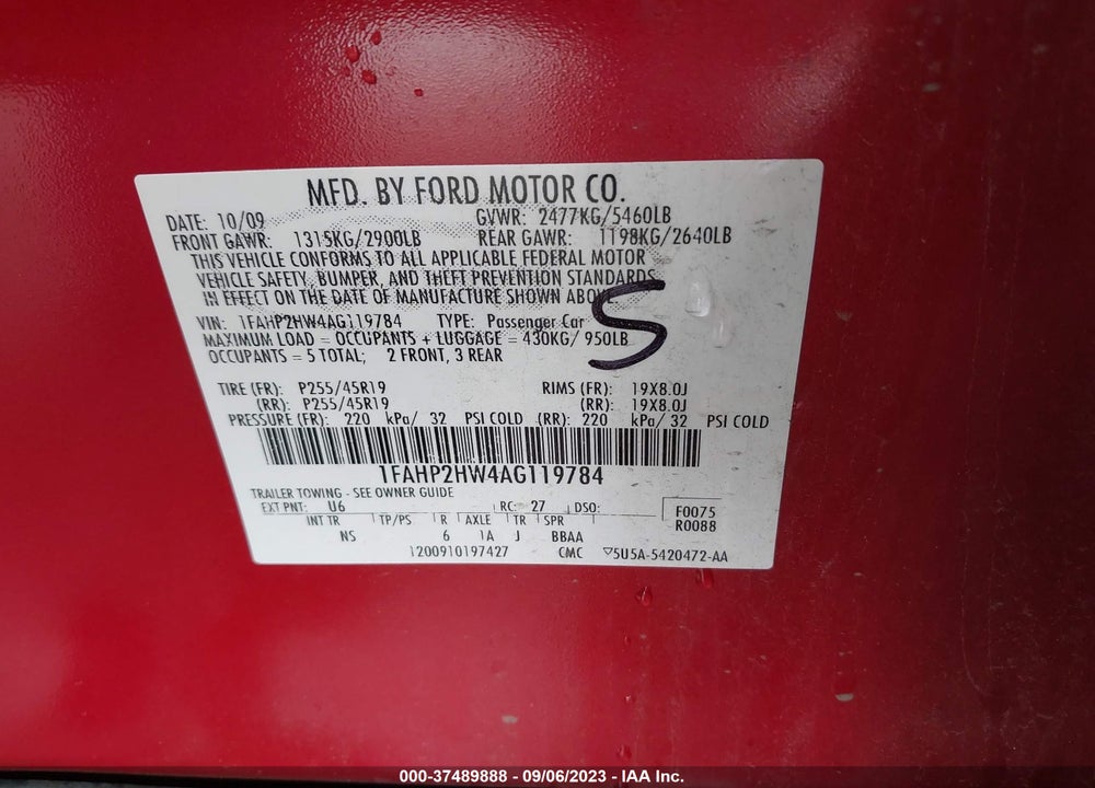 2010 FORD TAURUS SEL VIN: 1FAHP2HW4AG119784