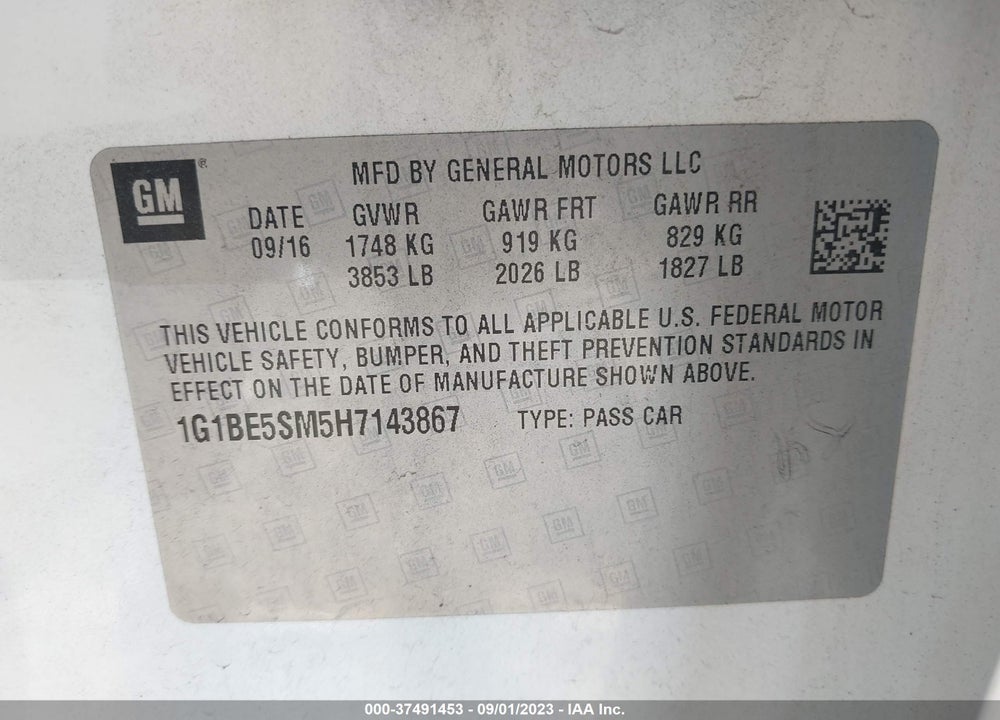 2017 CHEVROLET CRUZE VIN: 1G1BE5SM5H7143867