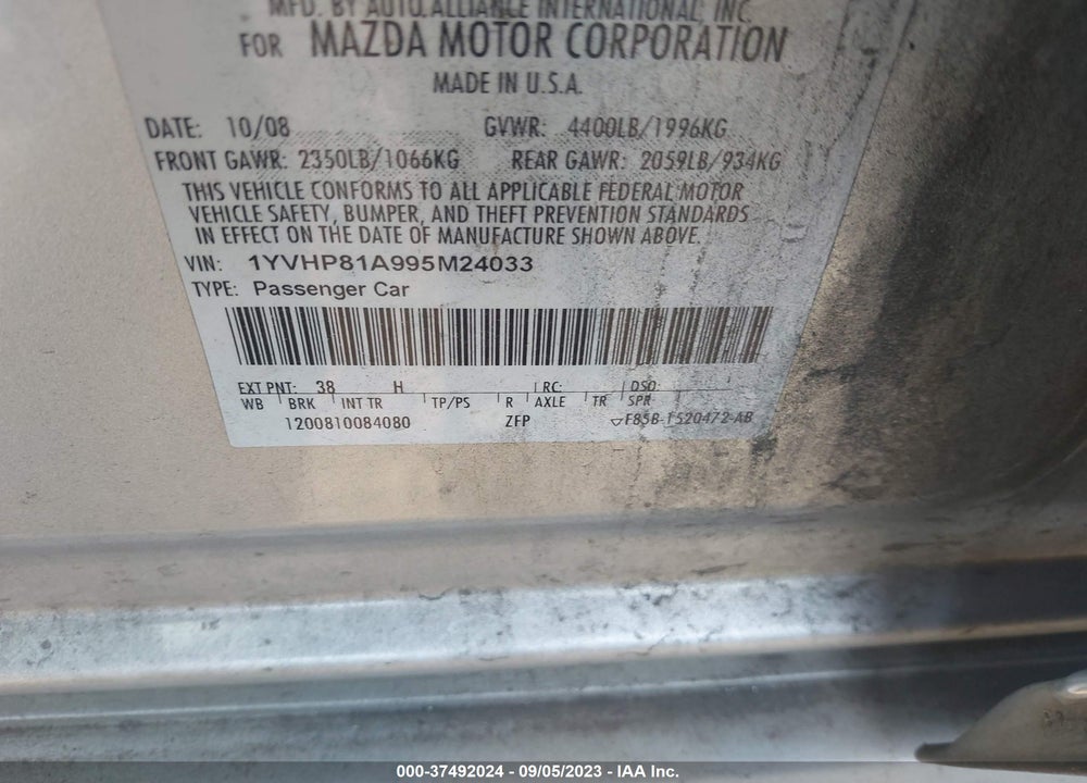2009 MAZDA 6 I SPORT VIN: 1YVHP81A995M24033