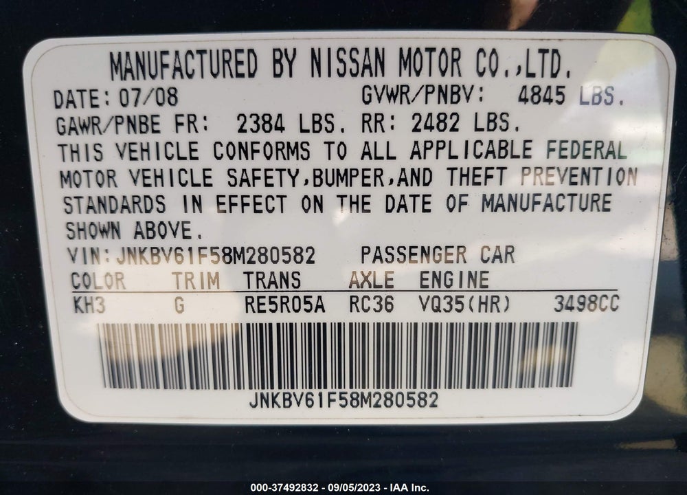 2008 INFINITI G35X VIN: JNKBV61F58M280582
