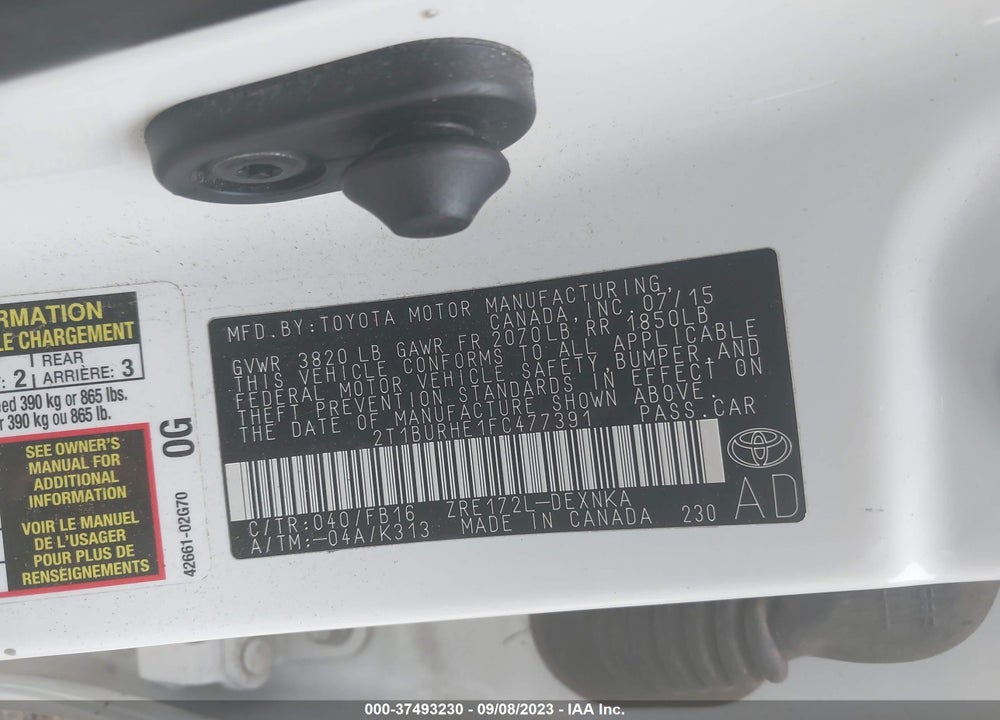 2015 TOYOTA COROLLA VIN: 2T1BURHE1FC477391