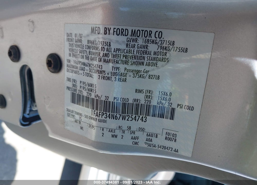 2007 FORD FOCUS S/SE/SES VIN: 1FAFP34N67W254743