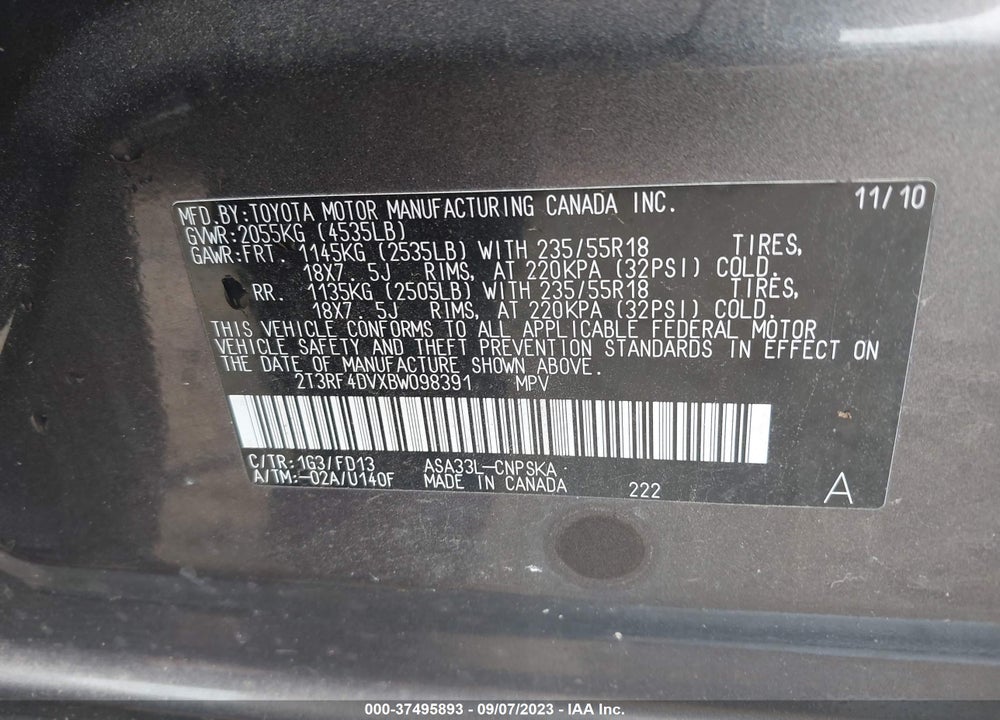 2011 TOYOTA RAV4 SPORT VIN: 2T3RF4DVXBW098391