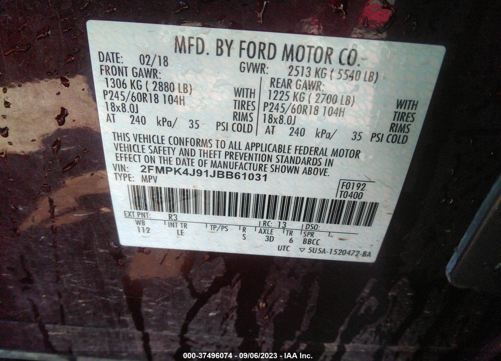 2018 FORD EDGE SEL VIN: 2FMPK4J91JBB61031