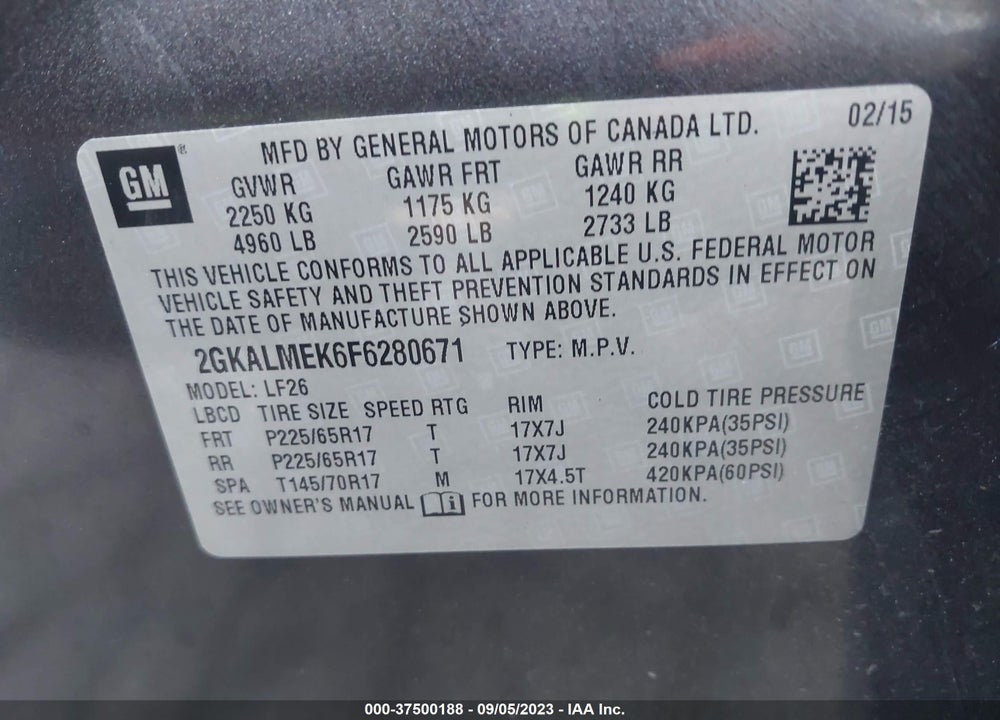 2015 GMC TERRAIN SLE-1 VIN: 2GKALMEK6F6280671