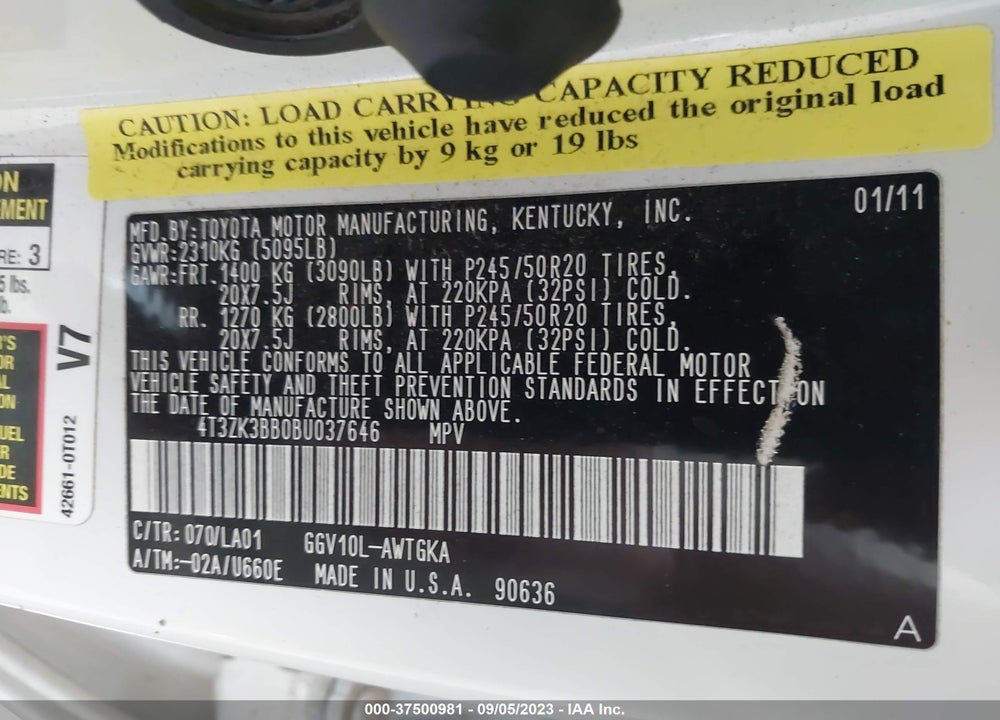 2011 TOYOTA VENZA BASE V6 VIN: 4T3ZK3BB0BU037646