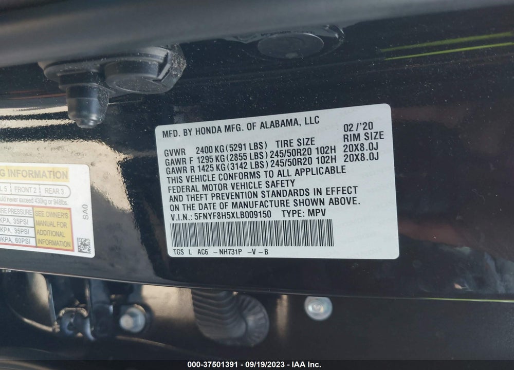2020 HONDA PASSPORT AWD EX-L VIN: 5FNYF8H5XLB009150