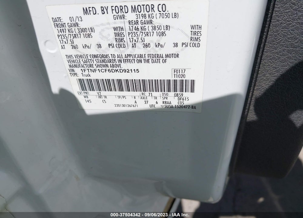 2013 FORD F-150 VIN: 1FTNF1CF6DKD92115