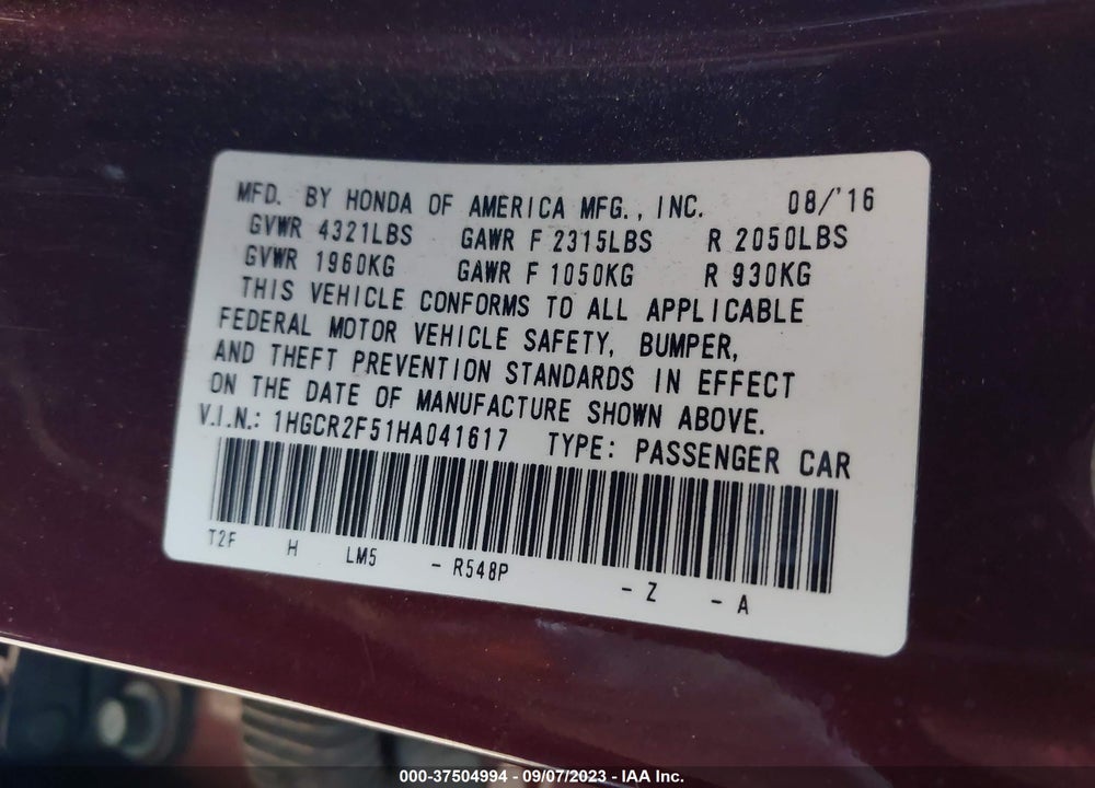 2017 HONDA ACCORD SPORT VIN: 1HGCR2F51HA041617