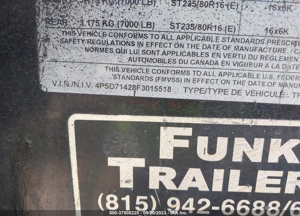 2015 PJ TRAILERS TRAILER VIN: 4P5D71428F3015518