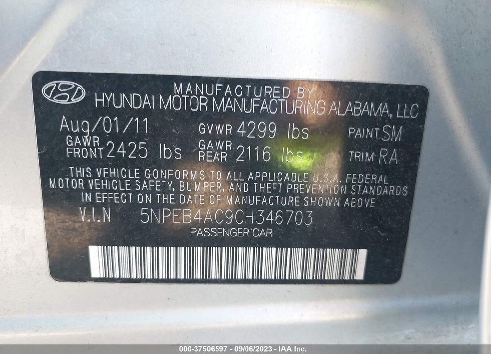 2012 HYUNDAI SONATA GLS VIN: 5NPEB4AC9CH346703