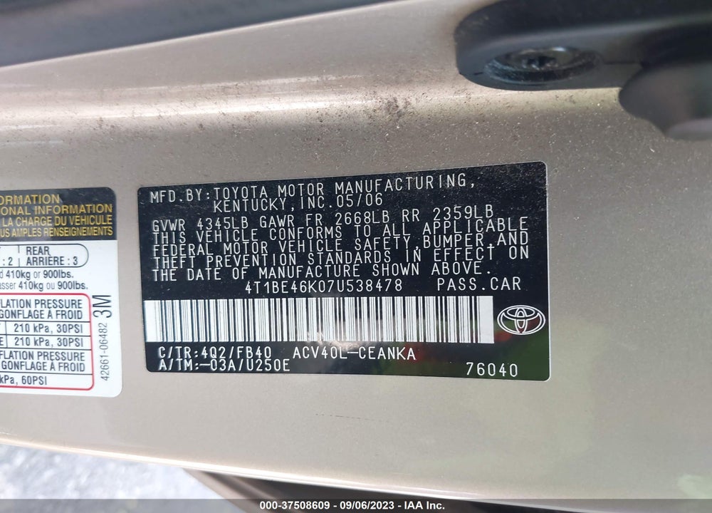 2007 TOYOTA CAMRY VIN: 4T1BE46K07U538478