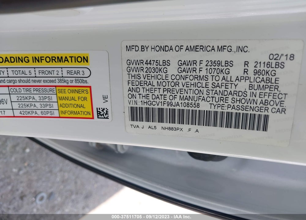 2018 HONDA ACCORD TOURING VIN: 1HGCV1F99JA108558