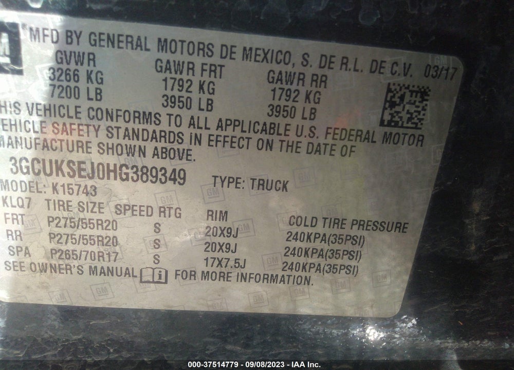 2017 CHEVROLET SILVERADO 1500 VIN: 3GCUKSEJ0HG389349