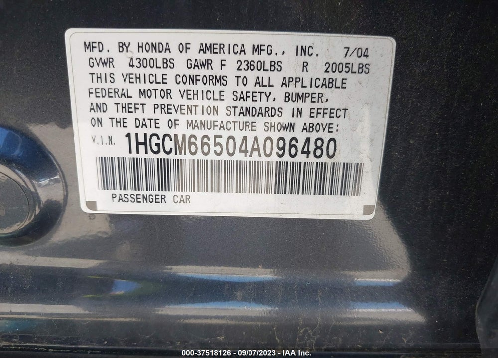 2004 HONDA ACCORD 3.0 EX VIN: 1HGCM66504A096480