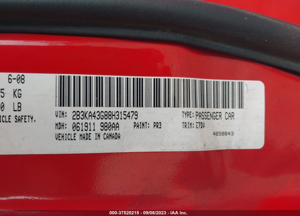 2008 DODGE CHARGER VIN: 2B3KA43G88H315479