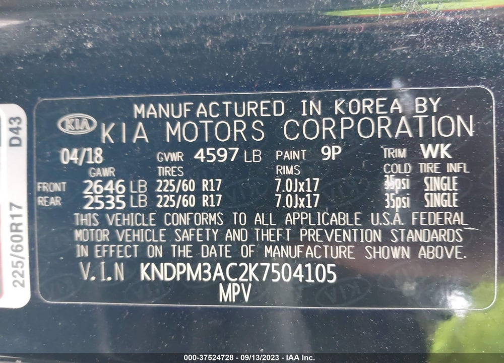 2019 KIA SPORTAGE VIN: KNDPM3AC2K7504105