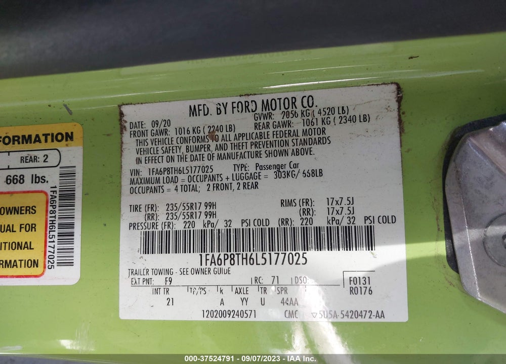 2020 FORD MUSTANG ECOBOOST VIN: 1FA6P8TH6L5177025