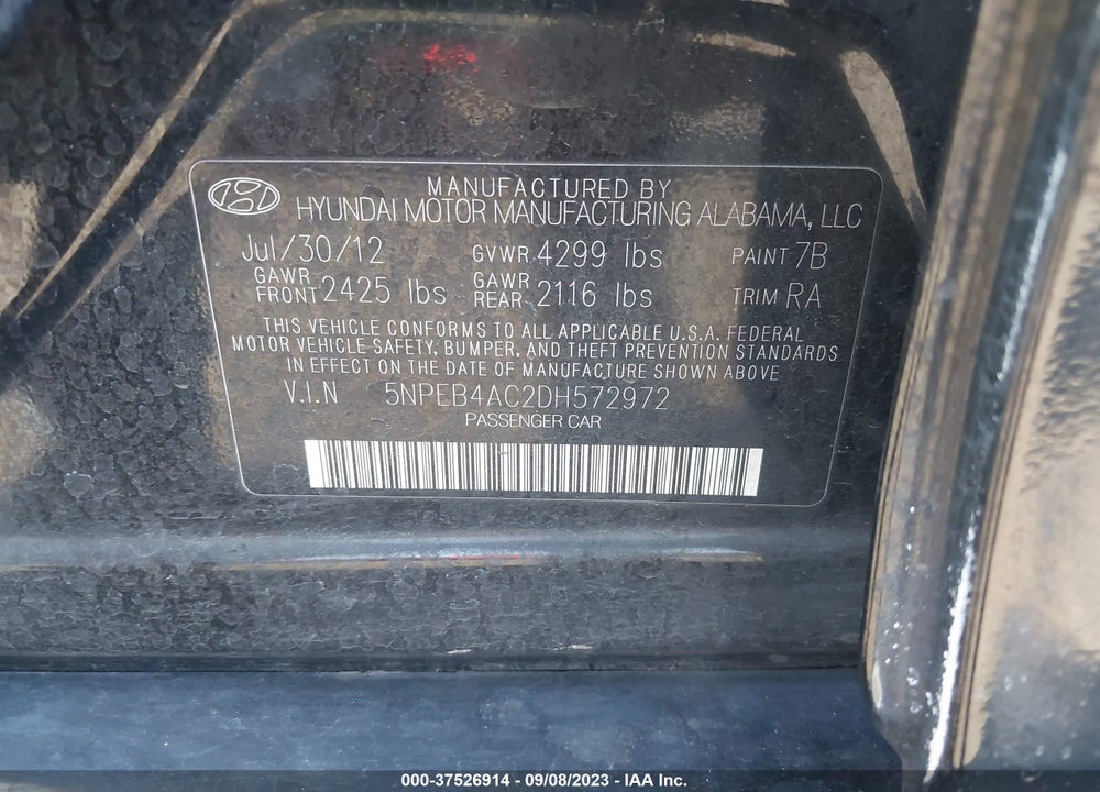 2013 HYUNDAI SONATA GLS VIN: 5NPEB4AC2DH572972