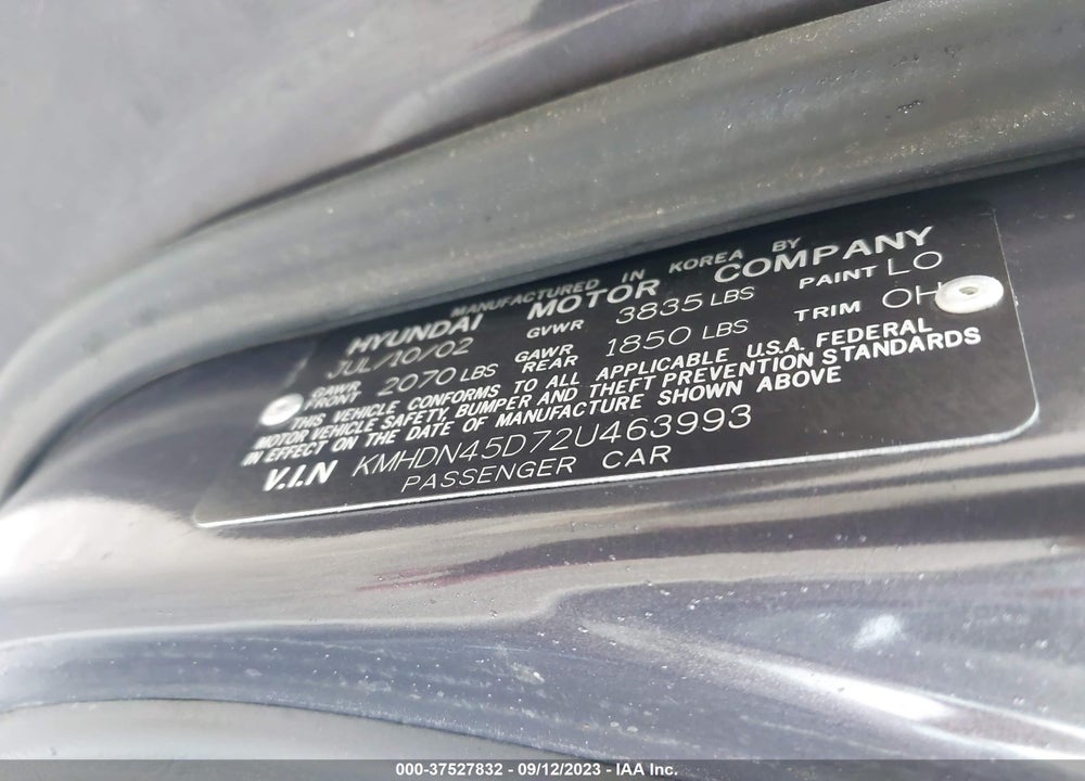 2002 HYUNDAI ELANTRA GLS VIN: KMHDN45D72U463993