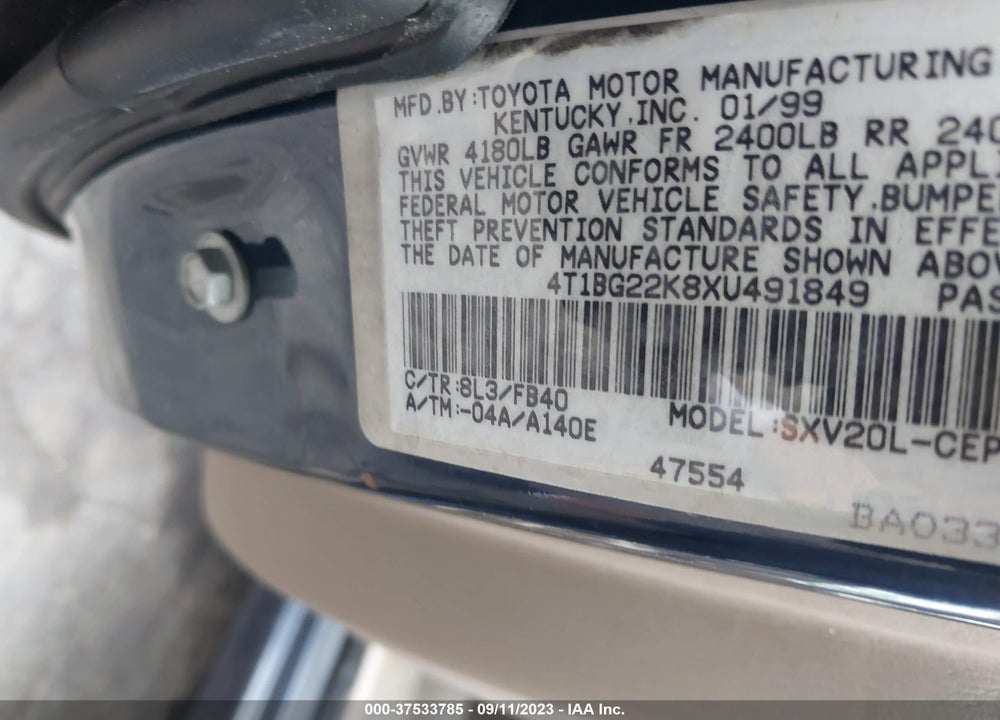 1999 TOYOTA CAMRY LE VIN: 4T1BG22K8XU491849