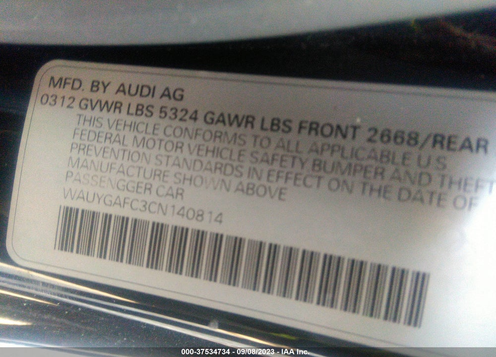 2012 AUDI A7 PREMIUM VIN: WAUYGAFC3CN140814