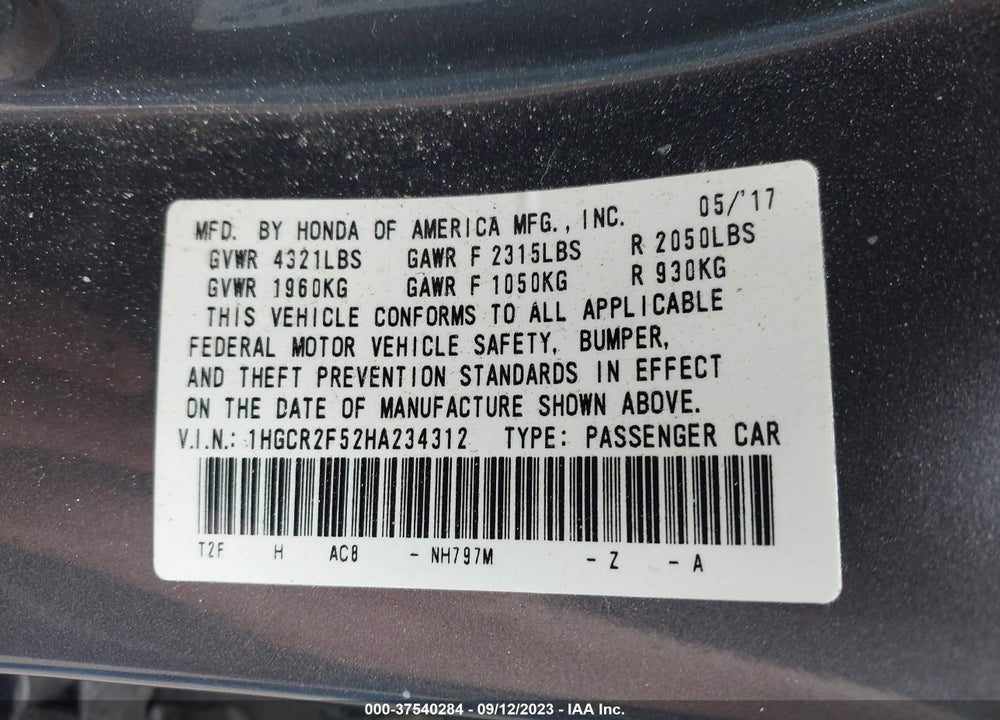 2017 HONDA ACCORD SPORT VIN: 1HGCR2F52HA234312