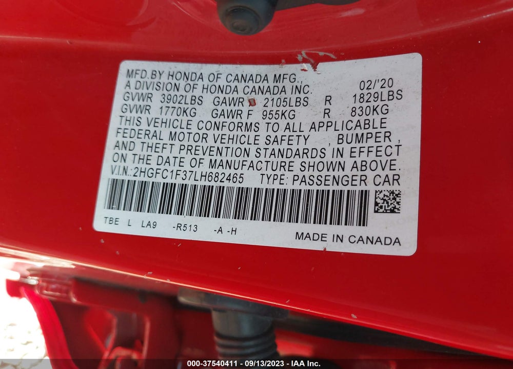 2020 HONDA CIVIC EX VIN: 2HGFC1F37LH682465
