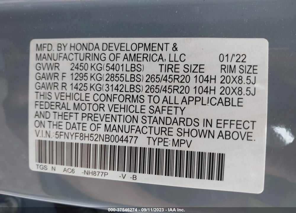 2022 HONDA PASSPORT AWD EX-L VIN: 5FNYF8H52NB004477