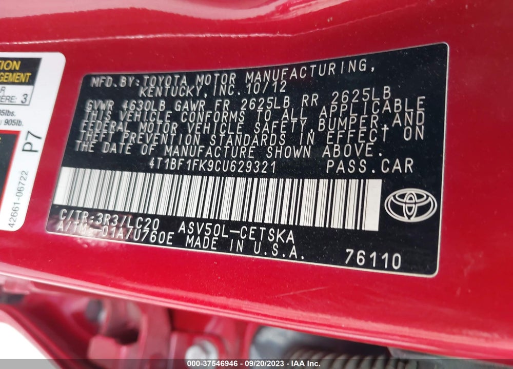 2012 TOYOTA CAMRY SE VIN: 4T1BF1FK9CU629321