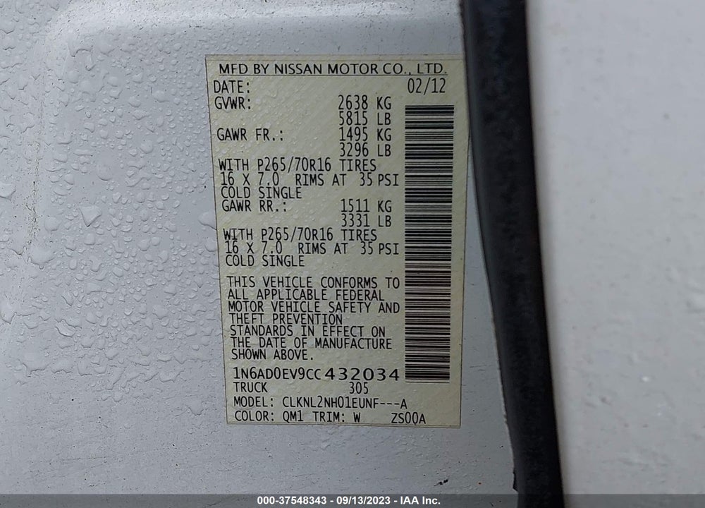 2012 NISSAN FRONTIER SV VIN: 1N6AD0EV9CC432034
