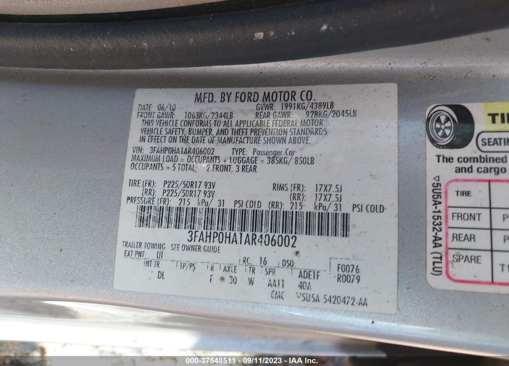 2010 FORD FUSION VIN: 3FAHP0HA1AR406002