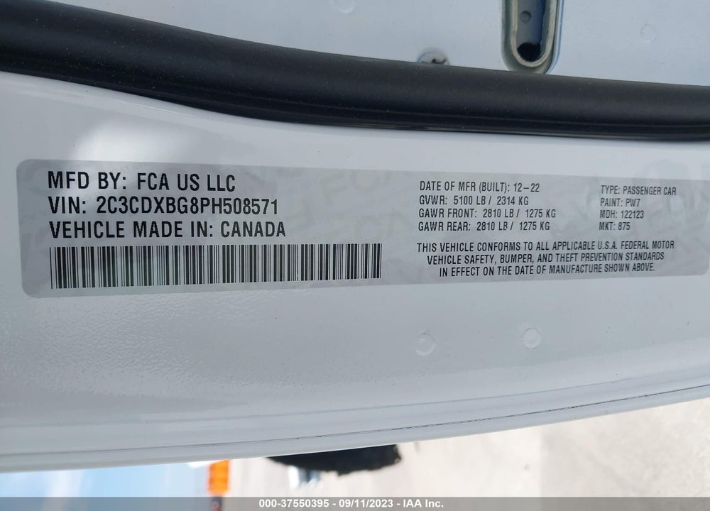 2023 DODGE CHARGER SXT VIN: 2C3CDXBG8PH508571