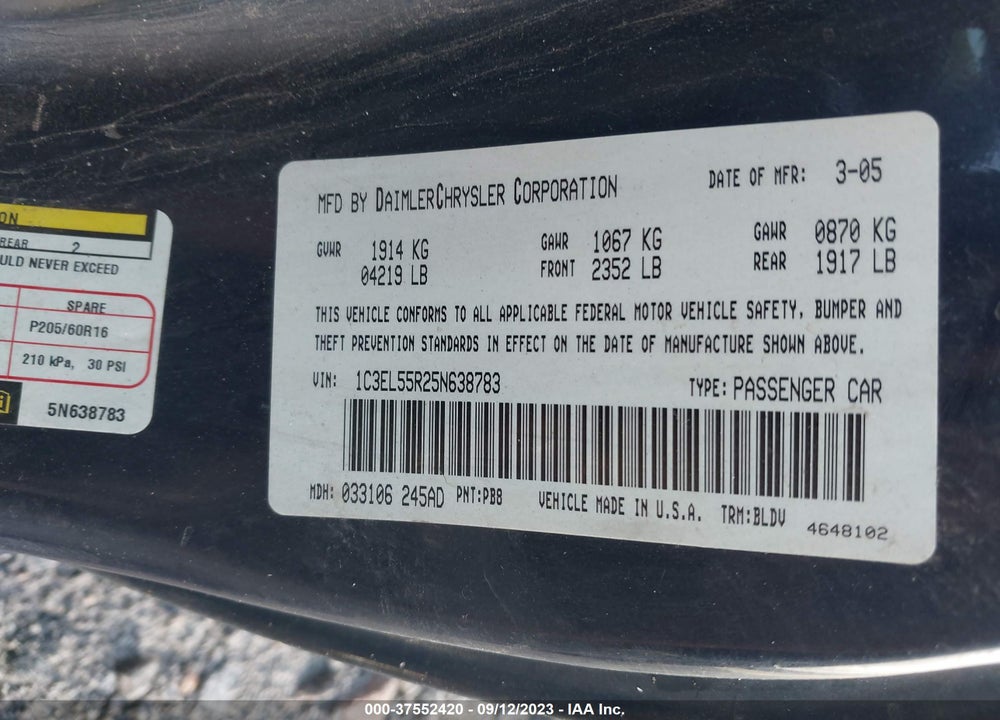 2005 CHRYSLER SEBRING TOURING VIN: 1C3EL55R25N638783