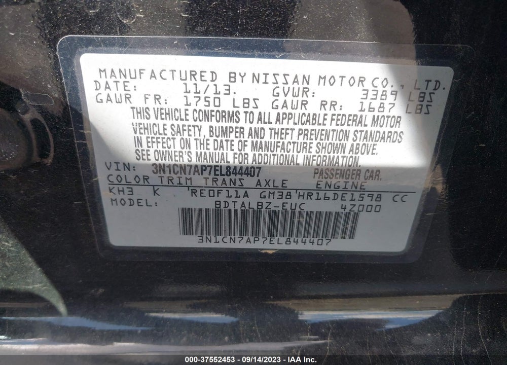 2014 NISSAN VERSA 1.6 SV VIN: 3N1CN7AP7EL844407