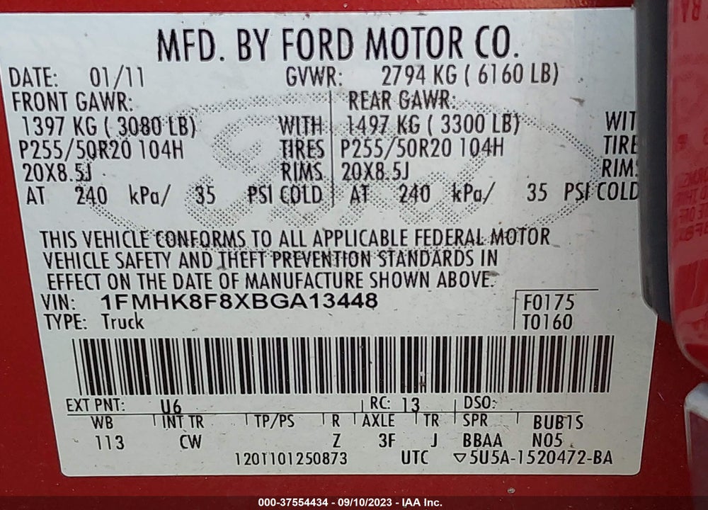 2011 FORD EXPLORER VIN: 1FMHK8F8XBGA13448