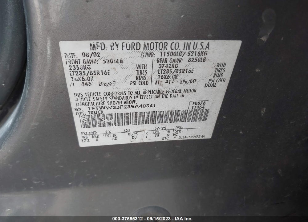 2003 FORD F-350 XLT/LARIAT/XL VIN: 1FTWW33F23EA40341