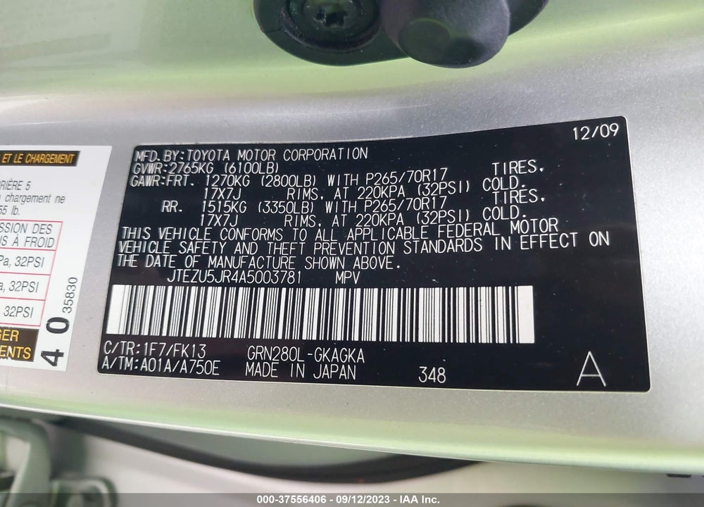 2010 TOYOTA 4RUNNER SR5 V6 VIN: JTEZU5JR4A5003781
