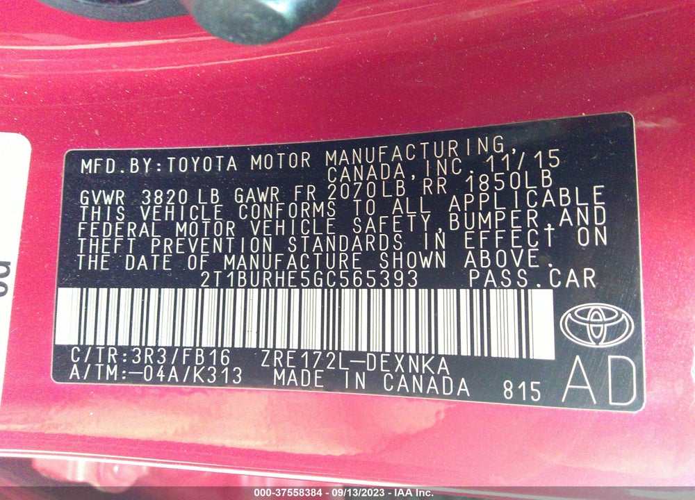 2016 TOYOTA COROLLA LE PLUS VIN: 2T1BURHE5GC565393