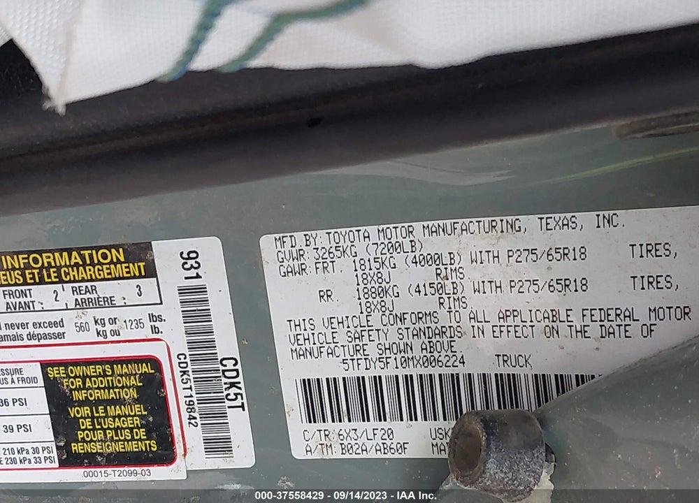 2021 TOYOTA TUNDRA TRD PRO VIN: 5TFDY5F10MX006224