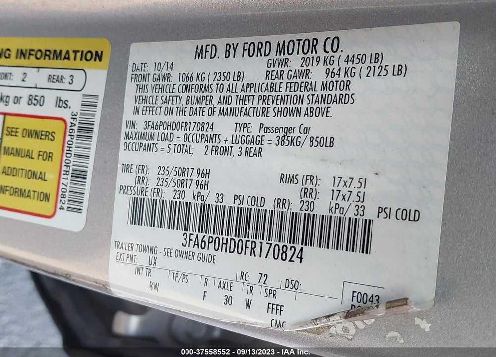2015 FORD FUSION SE VIN: 3FA6P0HD0FR170824