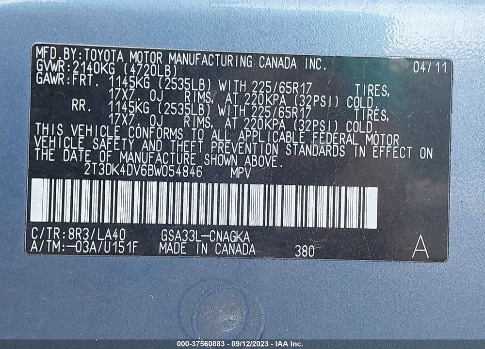 2011 TOYOTA RAV4 LIMITED V6 VIN: 2T3DK4DV6BW054846