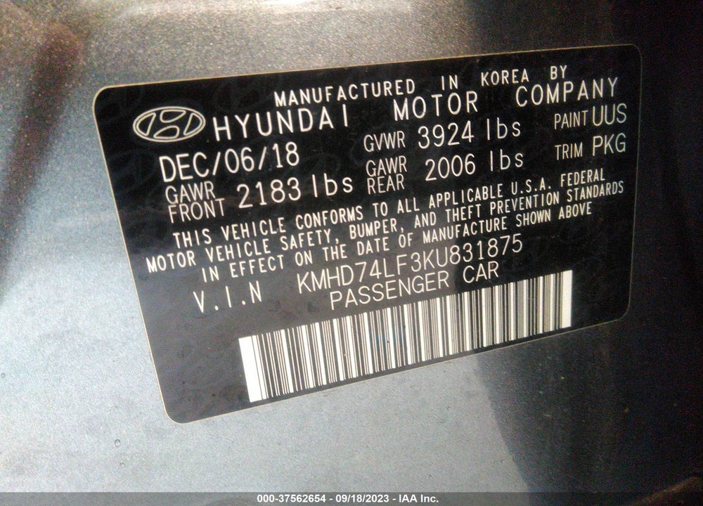 2019 HYUNDAI ELANTRA SE VIN: KMHD74LF3KU831875