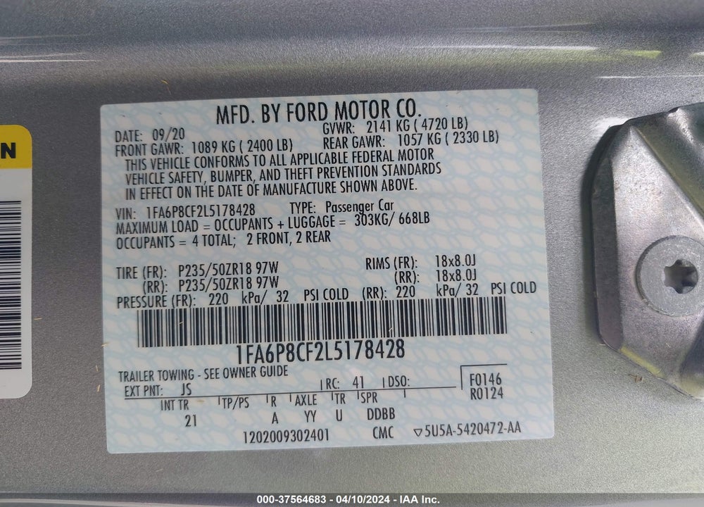 2020 FORD MUSTANG VIN: 1FA6P8CF2L5178428
