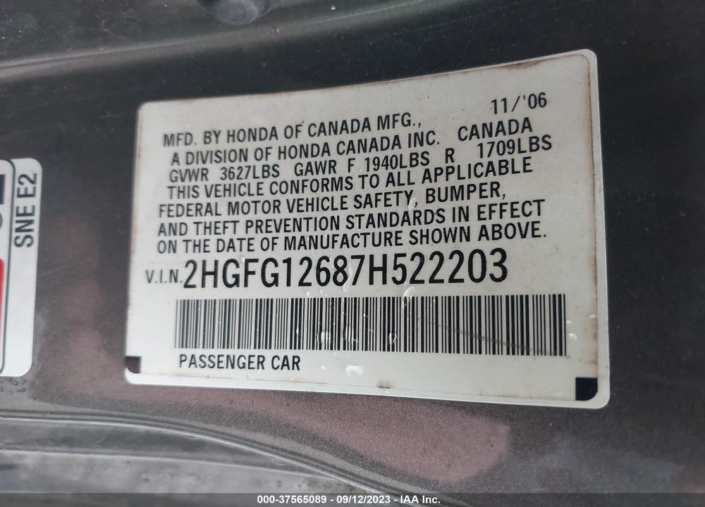 2007 HONDA CIVIC LX VIN: 2HGFG12687H522203