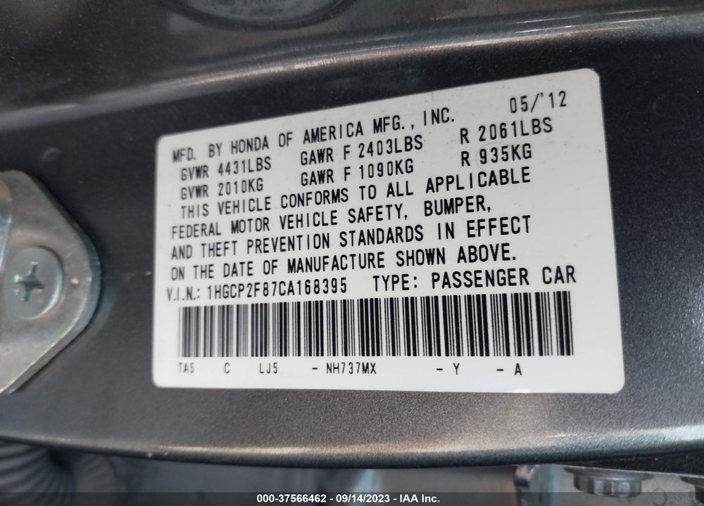 2012 HONDA ACCORD 2.4 EX-L VIN: 1HGCP2F87CA168395
