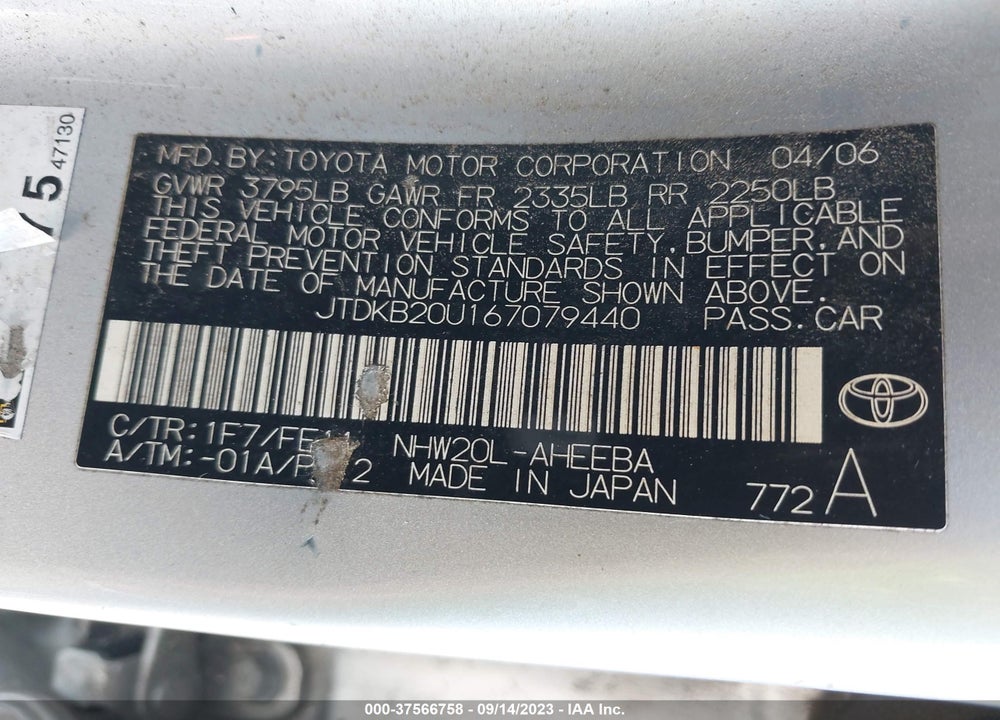 2006 TOYOTA PRIUS VIN: JTDKB20U167079440