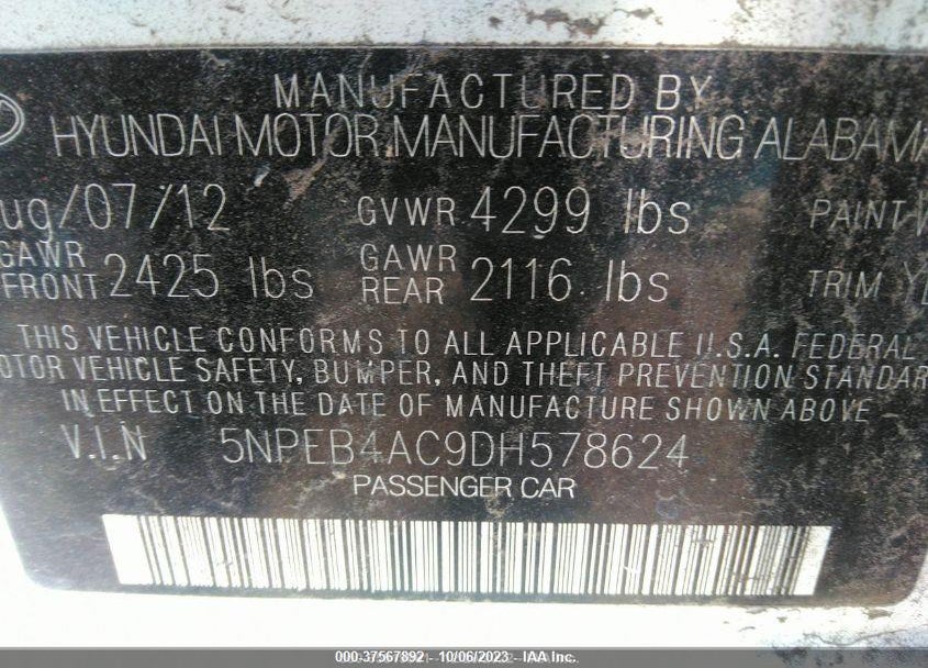 2013 HYUNDAI SONATA GLS VIN: 5NPEB4AC9DH578624