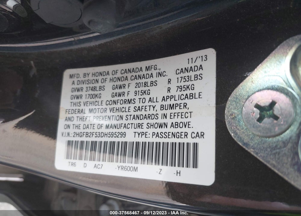 2013 HONDA CIVIC LX VIN: 2HGFB2F53DH595299
