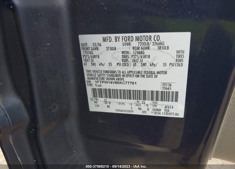 2006 FORD F-150 VIN: 1FTPW14V86KC77761